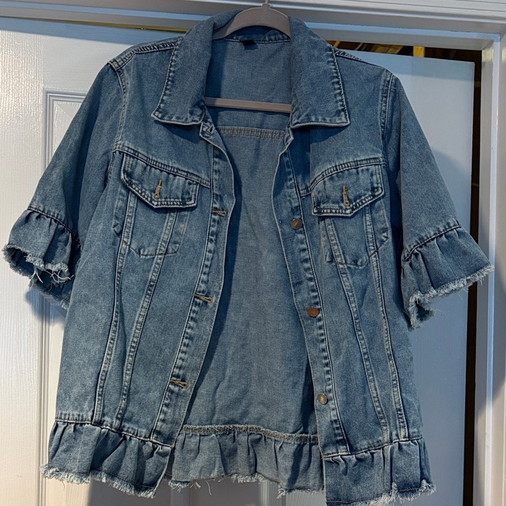 NWOT SHEIN Blue Denim Jacket with Ruffle Trim